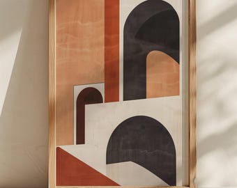 Arte mural con arco Bauhaus / Impresión geométrica en terracota y negro (descarga digital)