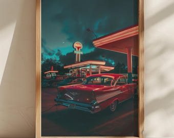 Retro classic car night print vintage gas station wall decor