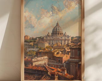 Arte mural vintage de paisaje urbano de Roma, impresión de arquitectura del Vaticano, ilustraciones del horizonte italiano, decoración clásica de viajes europeos