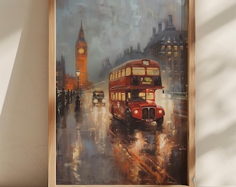 Arte mural de autobús londinense, impresión de noche lluviosa del Big Ben, paisaje urbano londinense vintage, decoración de pared británica de autobús rojo