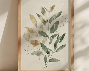 Abstract Botanical Eucalyptus Watercolor Art, Green and Beige Boho Nature Wall Print