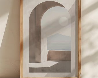 Japandi Coastal Arch Print | Beige Mediterranean Landscape (Digital Download)