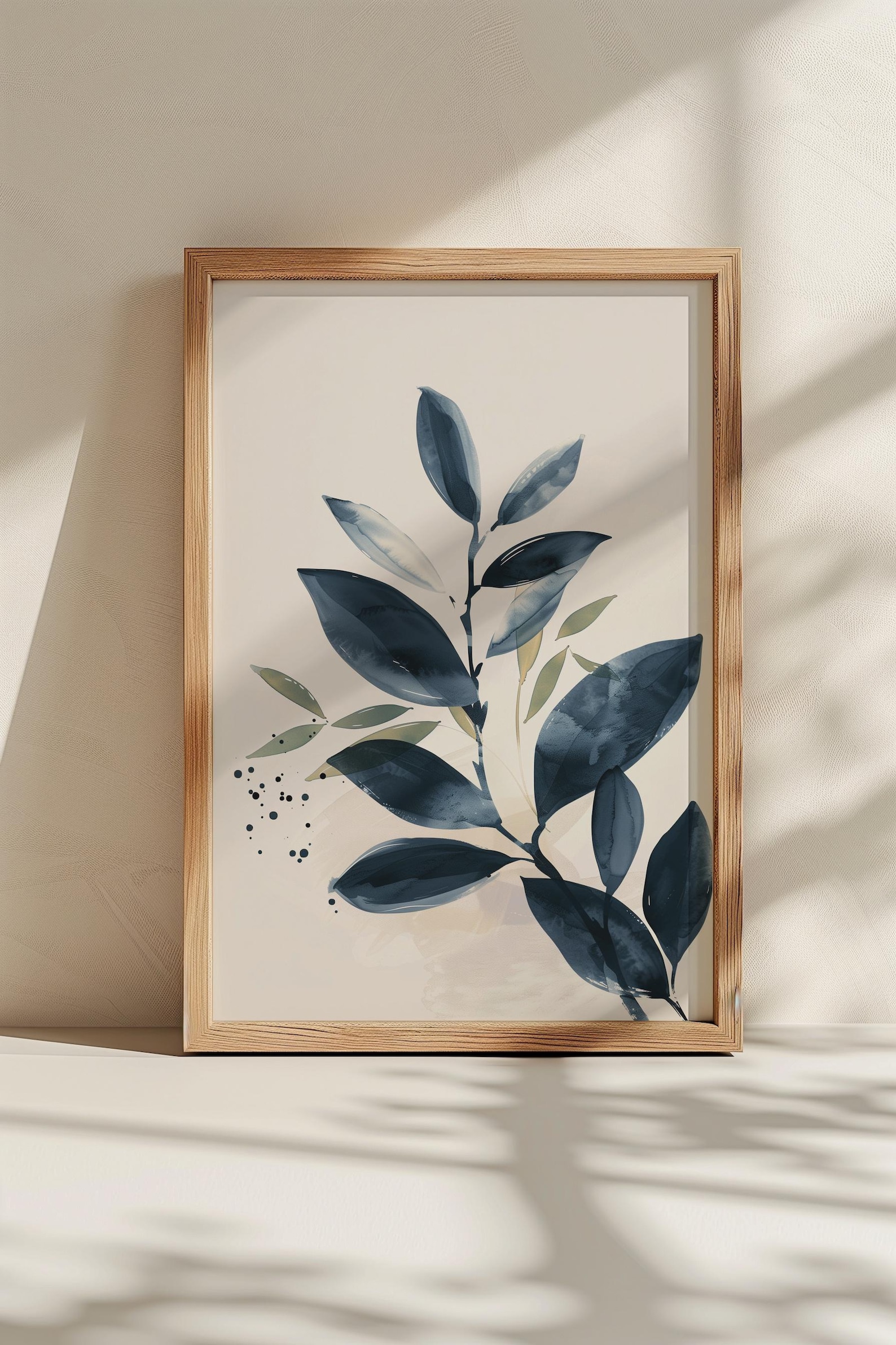 Abstract Botanical Leaf Wall Art Print, Navy and Olive Green Watercolor ...