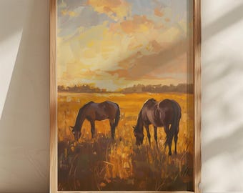 Western Horse Wall Art Printable, Rustic Farmhouse Decor, Country Ranch Artwork, Horses in Sunset Field Vintage Painting Digital Download