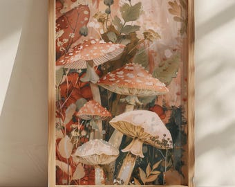 Botaniczna grafika ścienna z grzybami | Vintage leśny wydruk | Rustykalny boho do pobrania w wersji cyfrowej