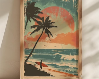 Mid Century Surf Poster, Retro Beach Sunset Art (Digital Download)