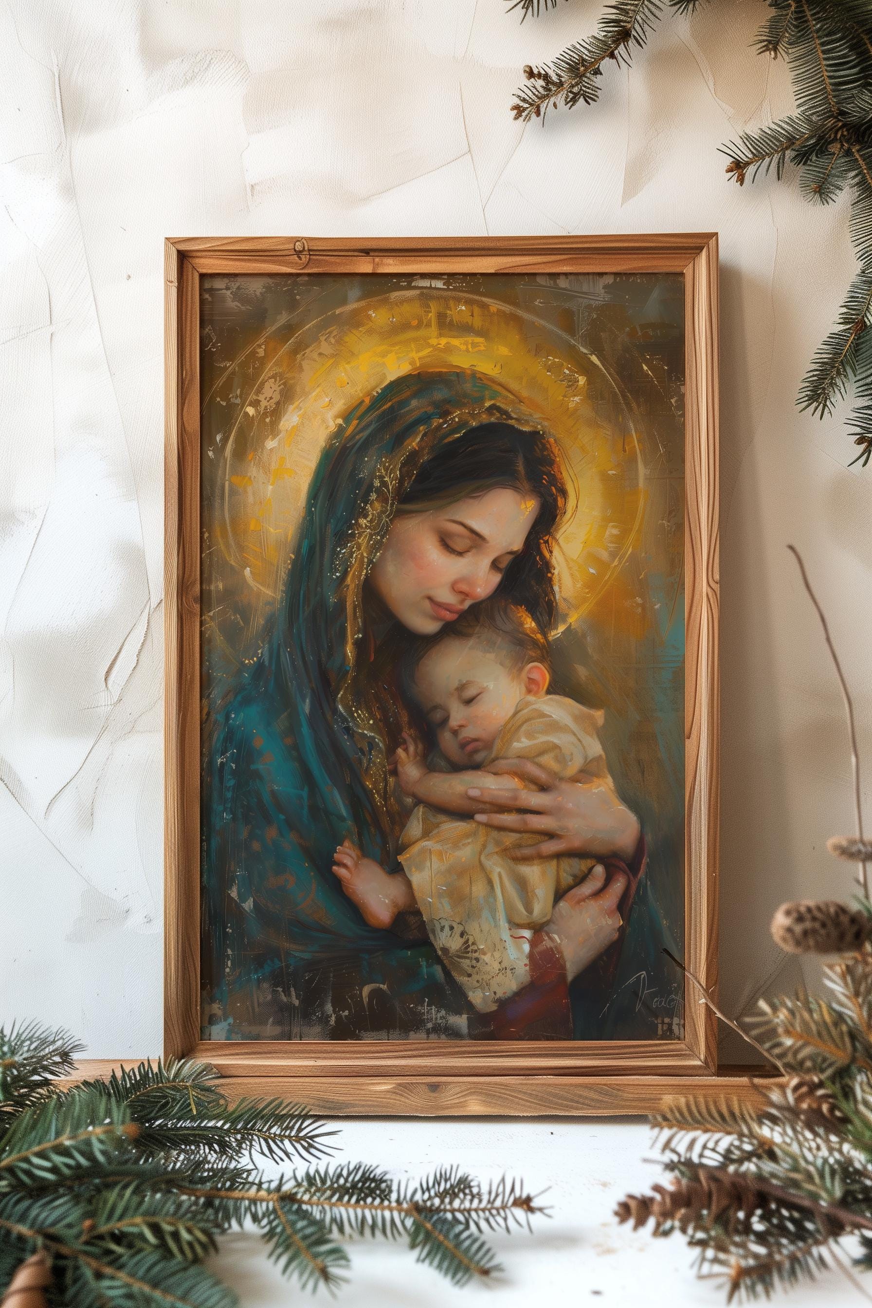 聖母子像のクリスマスアートプリント：聖母マリアと幼子イエス
