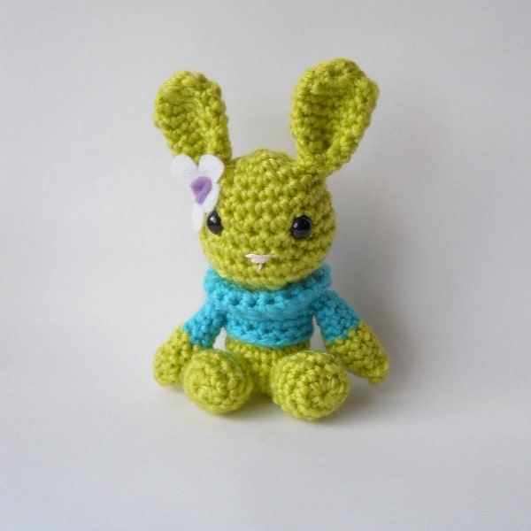 Amigurumi plush bunny, miniature green spring crocheted rabbit, stuffed bunny