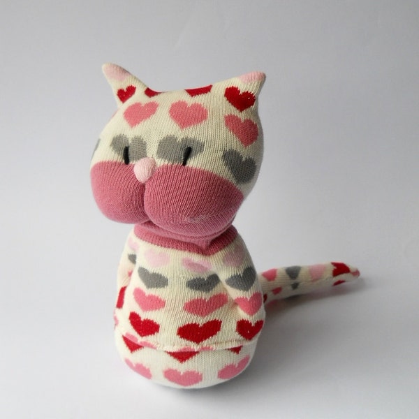 plush cat. sock animal, plush animal doll, pink hearts, sock creature, soft sculpture, Rosie