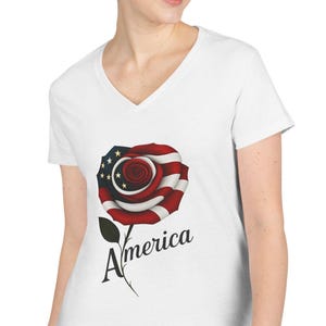 4th of July T-shirt - Patriotic Patterned Rose V-Neck T-Shirt, Womens Independence Day Tee, American Flag Floral T-Shirt, 4th of July Gift