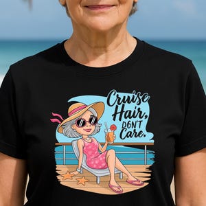 Cruise het haar maakt niet uit T-shirt | T-shirt cruisevakantie, strandkleding, grappige cartoon strandmeisje T-shirt, zomerreisshirt, cadeau voor haar
