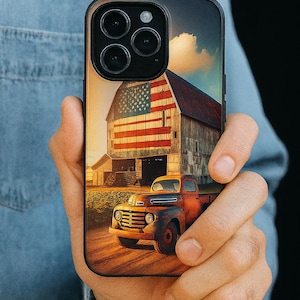 Vintage Farm Truck, Barn, and an American Flag Phone Case, Western Theme Cases, iPhone Case, Galaxy Phone Case