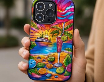 Tropical Sunset Cruise iPhone Case: Stained Glass Beach Phone Cover