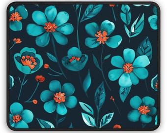 Blaugrünes Blumenmuster Gaming Maus Pad | Blaue Blumen Schreibtischunterlage