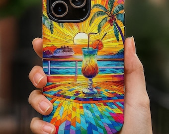 Tropical Sunset Cruise iPhone Case: Stained Glass Beach Phone Cover