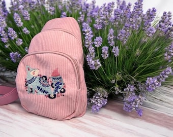 Cute Pink Corduroy Crossbody Purse with Embroidered Fox and Flowers
