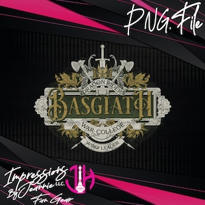 May include: A digital graphic with the text "PNG File" in white. The central design features a crest with the words "Dragon Rider" and "Basgiath War College Wing Leader." The design includes a sword, axes, and dragon imagery, set against a black and pink background.