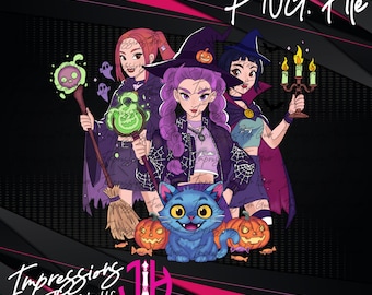 May include: Digital illustration featuring three witches with pumpkins, a blue cat, and the text "PNG File." The witches are dressed in purple and black, holding a broom, a staff with a glowing green orb, and a candelabra. The image has a black background with pink accents.
