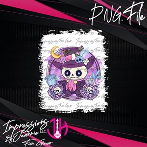 May include: A digital PNG file featuring a cartoon skeleton character wearing a purple witch hat and outfit, surrounded by floral and celestial elements. The design includes the text "Impressions Fan Gear" and "PNG. File".