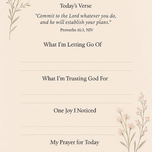 May include: A printable daily bread reset journal page with a floral design. The page includes sections for today's verse, what you're letting go of, what you're trusting God for, one joy you noticed, and your prayer for today. The verse is "Commit to the Lord whatever you do, and he will establish your plans." Proverbs 16:3, NIV.