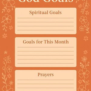 Op de afbeelding: Oranje printbare planner met bloemmotieven en de tekst "God Goals". De planner heeft secties voor "Spiritual Goals", "Goals for This Month" en "Prayers".