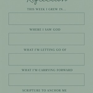 May include: A green printable worksheet with the text "Weekly Reset Reflection" and prompts for reflection, including "This week I grew in...", "Where I saw God", "What I'm letting go of", "What I'm carrying forward", and "Scripture to anchor me". The bottom of the worksheet reads "The Pace & Provision Co."