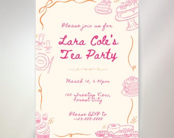 Hand-Drawn Tea Party Invitation Template • Whimsical & Girly (Editable Canva) • Coquette • 15