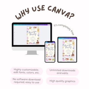 Op de afbeelding: Een grafiek die de voordelen laat zien van het gebruik van Canva, een ontwerpplatform. De grafiek toont een computerscherm, een tablet en een telefoon, die allemaal een uitnodiging voor een diner tonen. De tekst op de grafiek luidt: "Waarom Canva gebruiken? Het is volledig gratis. Hoog aanpasbaar: lettertypen, kleuren, enz. bewerken. Geen software-download vereist, gemakkelijk te gebruiken. Onbeperkte downloads en bewerkingen. Hoogwaardige afbeeldingen."