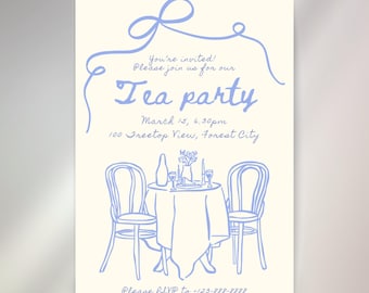 Hand Drawn Tea Party Invitation Template • Elegant Canva Design (Digital Download) • Ribbon • 13