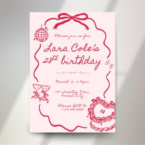 Sjabloon handgetekende uitnodiging verjaardagsfeestje • Verjaardagstaart • Bewerkbaar canvas • Rozerode strik • Linten • Girly-thema • Besties night • 16