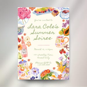 Plantilla de invitación para velada de verano • Comida y bebidas dibujadas a mano • Canva editable • Fiesta del té • Flores • Estilo collage de álbum de recortes • 23