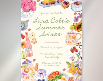 Sjabloon uitnodiging zomersoiree • Handgeschilderd eten en bloemen (bewerkbaar canvas) • Theekransje • Plakboek • 23