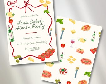 Italian Dinner Party Invitation Template • Hand-Drawn Food (Editable Canva) • Pasta, Wine Night • 44