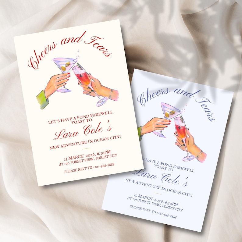 Op de afbeelding: Twee uitnodigingskaarten met een aquarel-illustratie van twee handen die met glazen wijn klinken. De tekst op de kaarten luidt "Cheers and Tears" en "Let's have a fond farewell toast to Lara Cole's new adventure in Ocean City!" met de datum en tijd van het evenement.