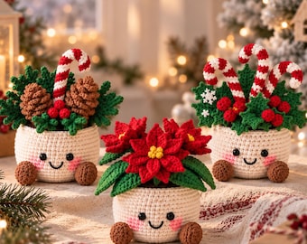 Handmade Crochet Christmas Potted Plant, Cute Face Pot, Christmas Desk Decor, Holiday Table Decor, Small Christmas Gift,  Xmas Crochet Plant