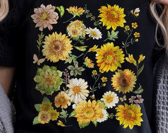 Botanical Floral Tee, Sunflowers Shirt Gift for Gardener, Floral Shirt, Vintage Pressed Flowers Shirt, Boho Cottagecore Shirt, Gifts for her