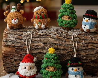 Crochet Christmas Ornaments, Set of 4 or 6, Handmade Amigurumi Holiday Decor, Cute Santa Reindeer, Penguin, Snowman, Unique Tree Decorations