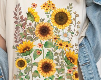 Botanical Floral Tee Sunflowers Shirt Gift for Gardener, Floral Shirt, Vintage Pressed Sunflower Shirt, Boho Cottagecore Shirt, Gift for her