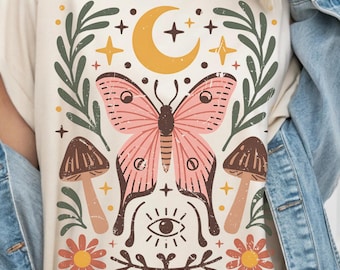 Boho Butterfly T-Shirt, Vintage Floral Cottagecore Shirt, Woodland Lover Gift for Her, Fairycore Tee, Forestcore T-Shirt, Moon Phases Tshirt