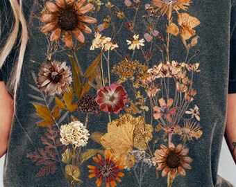 Shirt vintage geperste bloemen, boho cottagecore-shirt, botanische bloemen T-shirt wilde bloemen shirt cadeau voor tuinman bloemenshirt, gedroogde bloemen