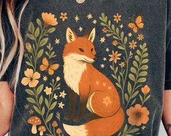 Fox and Flowers Shirt, Vintage Floral Cottagecore Shirt, Wildflower Meadow, Woodland Lover Gift for Her, Fairycore Tee, Forestcore T-Shirt
