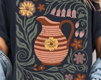 Flowers and Vase Shirt, Boho Flower Tshirt, Cotton Oversized Graphic Tshirt, Wildflower Sweatshirt, Cottage Core, Whims Goth, Gifts For Her