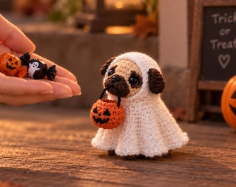 Crochet Ghost Dog with Pumpkin Basket, Halloween Amigurumi Decor, Handmade Spooky Gift, Dog Lover Gift, Cute/ Funny Halloween Gift