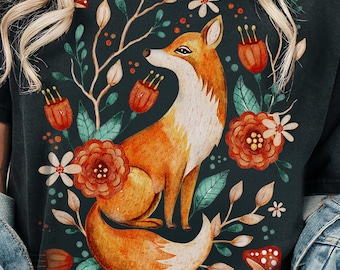 Cute Fox Floral Shirt, Vintage Floral Cottagecore Shirt, Wildflower Meadow, Woodland Lover Gift for Her, Fairycore Tee, Forestcore T-Shirt