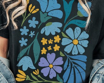 Blue Wildflowers Tshirt, Vintage Flowers Shirt, Botanical Floral Tee, Gift for Gardener, Boho Cottagecore Tshirt, Blue Floral Tshirt