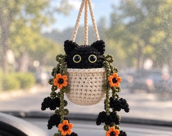 Crochet Black Cat Rearview Mirror Charm, Handmade Car Hanging Ornament, Car Accessory, Bag Charm, Christmas Tree Ornament, Cat Lover Gift