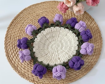 Crochet Bloom Pot, Crochet Flower Coaster, Handmade Round Flower Cup Holder, Housewarming Coaster Decor, Floral Gift for Her, Cute Gift