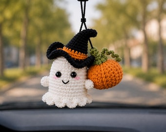 Crochet Ghost Pumpkin Car Charm, Handmade Halloween Rearview Mirror Hanger, Cute Car Hanging Ornament, New Car Gift for Her