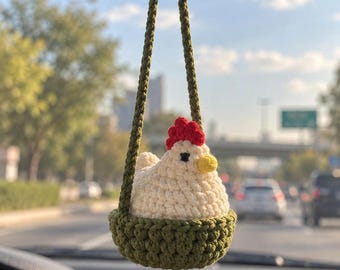 Crochet Chicken Rearview Mirror Charm, Handmade Car Hanging Ornament, Car Accessory, Bag Charm, Christmas Tree Ornament, Chicken Lover Gift
