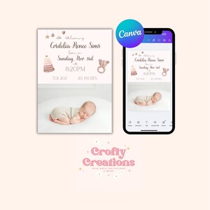 Bonita tarjeta de anuncio de nacimiento neutra, personalizable y de género neutro, descarga digital imprimible.